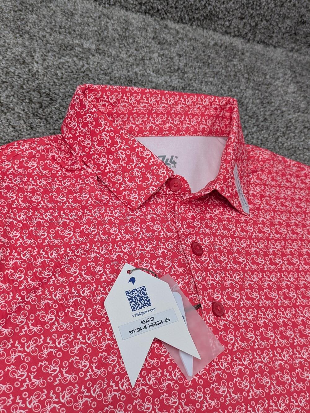 1764 Signature Polo Shirt Mens M Pink Hibiscus Gear Up Golf Bicycle